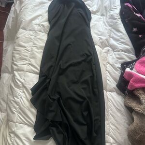 Black strapless rose ruffle maxi dress
